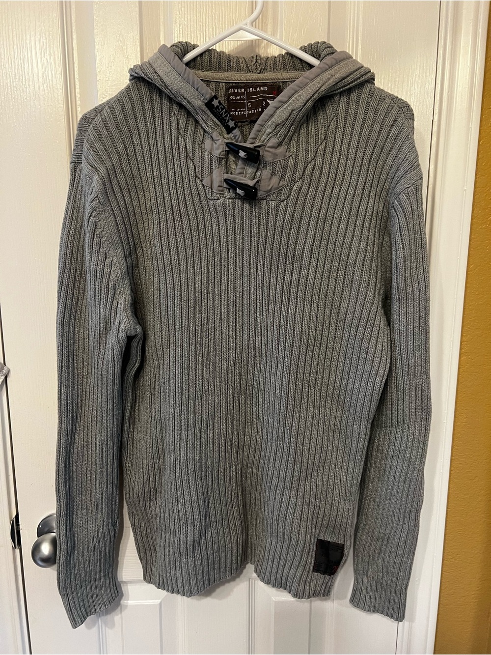 River Island Men’s M 100% Cotton Ribbed Knit Toggle Hooded Sweater Heather Grey